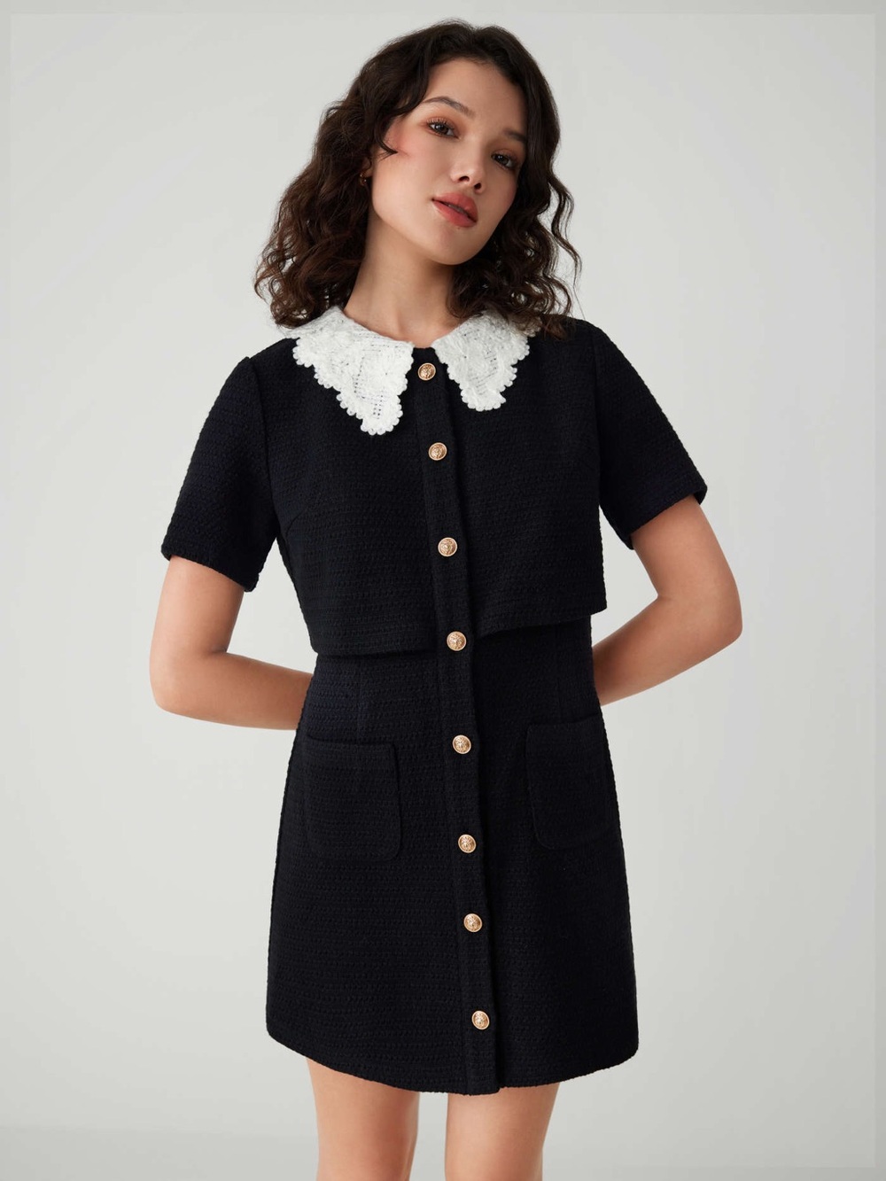 Cider Black Mini Dress with White Lace Collar